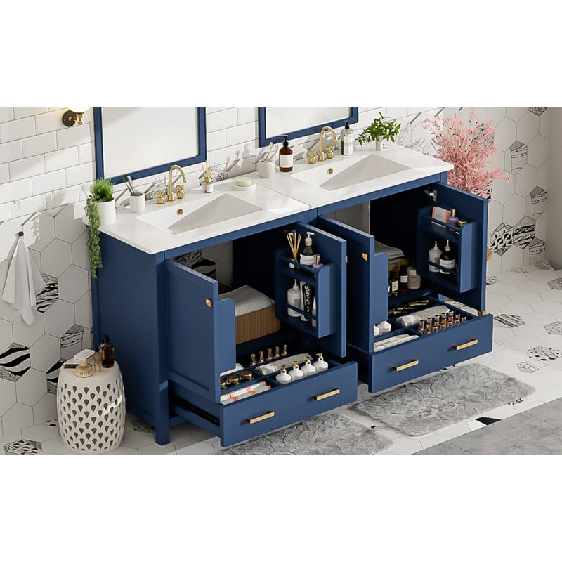 Ensemble de meuble-lavabo 60 po avec lavabos doubles (séparés), lavabos doubles en céramique, tablette de rangement et tiroirs séparés (miroir non inclus)