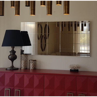 Miroir géométrique moderne, finition bronze, 51,2 po x 24,4 po | 100% panneau de fibres à densité moyenne, montage mural, assemblé | Réglable horizontalement et verticalement, parfait pour les décors contemporains et les intérieurs élégants