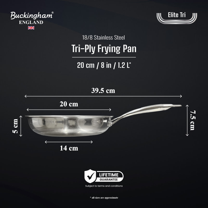 Buckingham Elite Tri-Ply 18/8 Stainless Steel Frying Pan Uncoated Skillet Pan 20 cm 1.2 Litre