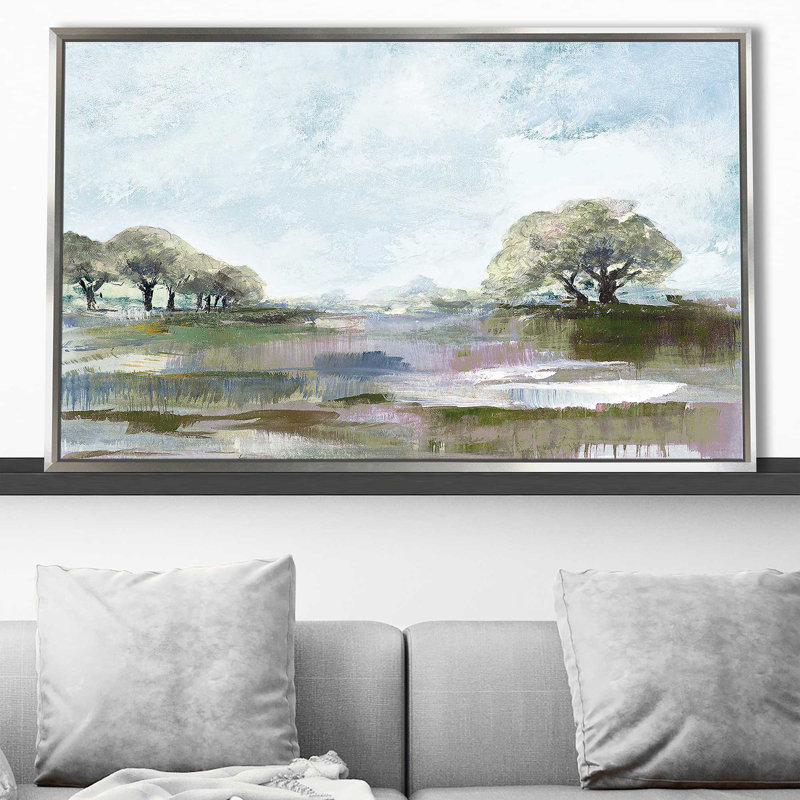 «Rusty Blue Sky» par Lanie Loreth - Peinture, Cadre flottant argent, H 39,5 po x l 63,5 po x P 2 po