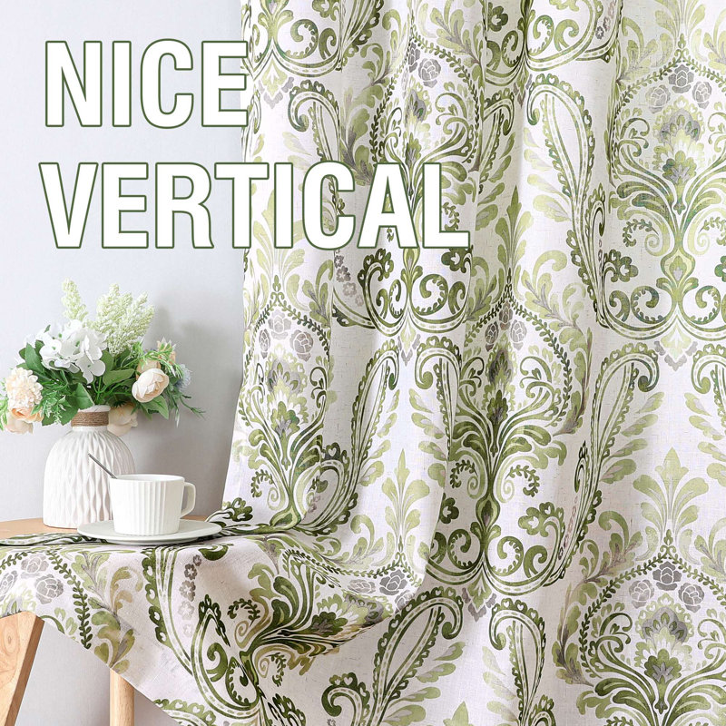 Linen Curtains Damask Floral Natural Linen Textured Curtains for Living Room Drapes Vintage Floral Pattern Privacy Added Light Filtering Mid-Century Style 2 Panels