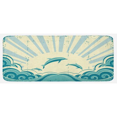 Nautical Inspirations In Dolphins With Rising Sun And Swirled Ocean Waves Teal Pale Yellow Kitchen Mat -  East Urban Home, 83FE4AE235CB4506A39D40E3EBC00938