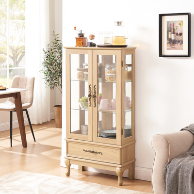 Exquisite Curio Cabinet With Adjustable Shelves And Vintage Handle In Oak Elegant Illumination