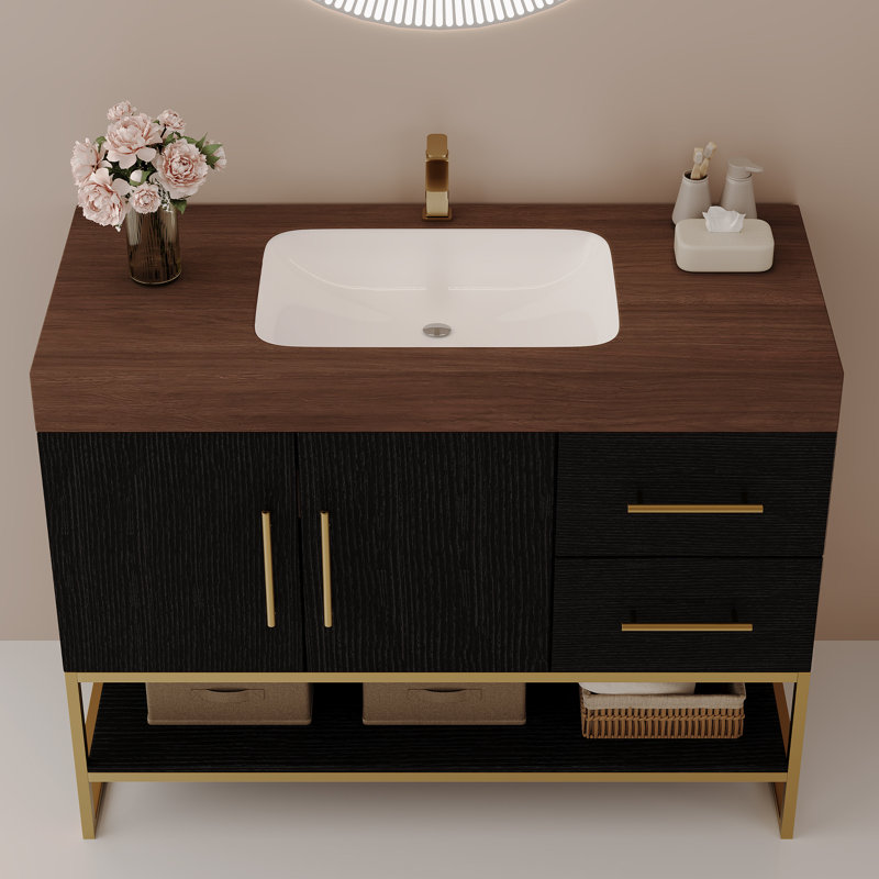Meuble-lavabo autoportant moderne 36 po avec lavabo en céramique et plateau en pierre frittée 36 po - Meuble-lavabo noir et doré pour salle de bain