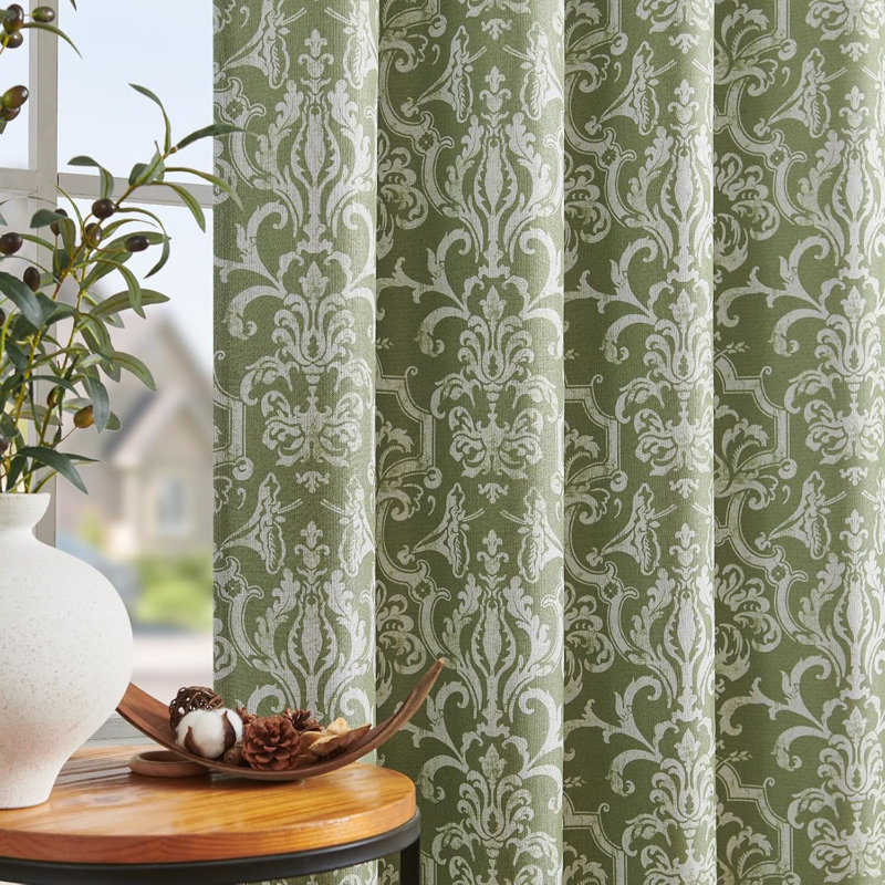 Rideaux obscurcissant pour chambre à coucher avec rideaux verts à motif damassé à œillets, L 52 po x L 63 po