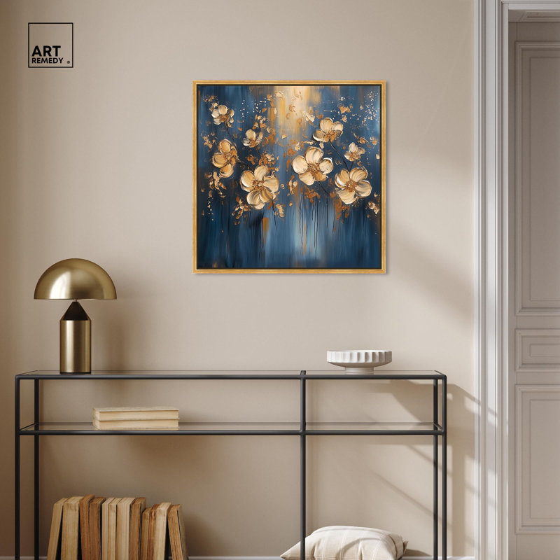 Art floral élégant sur toile luxueuse avec fleurs dorées par Art Remedy, Cadre flottant doré, H 25 po x l 25 po x P 1,8 po