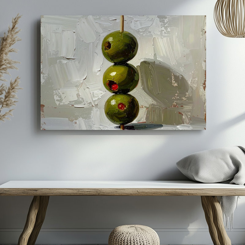 Minimaliste olive brochette Canvasmodern, nature morte sur toile blanche texturée, art mural, H 30 po x l 40 po