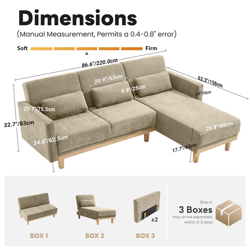 86.6'' 3-Level Adjustable Chenille Reversible L-Shaped Sectional, Chenille kaki
