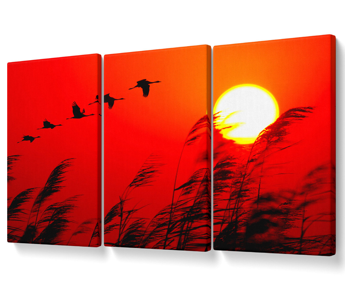Ebern Designs Geese in Flight Under the Red Sun - 3 Piece Wrapped ...