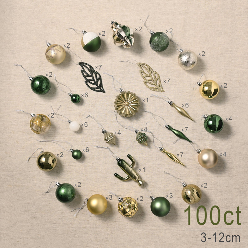 100ct Green and Gold Shatterproof Plastic Christmas Ornaments Set