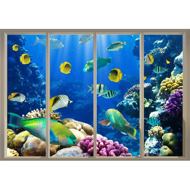 Mur à rayures colorées nageant sur des récifs coralliens colorés à peindre, L 100 po x l 144 po