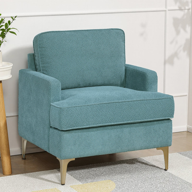 Chaise d'appoint moderne en chenille avec pieds en métal doré et coussins réversibles, Paon