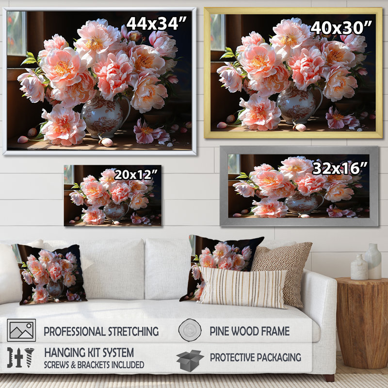 Reproduction d'art sur toile, pivoines roses, nature morte III, Cadre flottant doré, H 34 po x l 44 po x P 1,5 po
