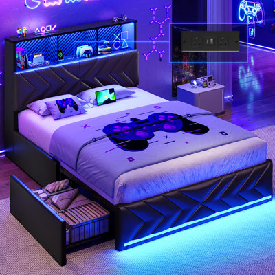 Full Bed Frame with 4 Drawers, Storage Headboard and Charging Station, Esports-Style Gaming Beds with RGB LED Lights, Faux Leather Upholstered Platform Bed Frame, 2-Tier Opend Storage Shelf, Black