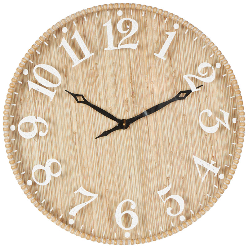 Cole And Grey Wood Distressed Wall Clock With Beaded Frame, Brown/White