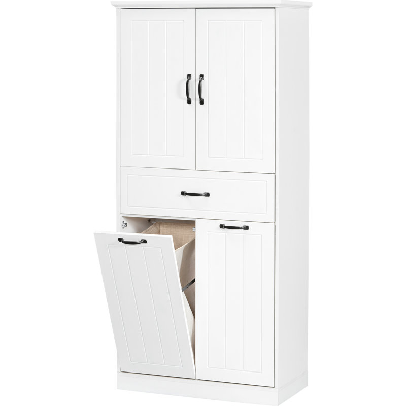 Bathroom Storage In White With Two Laundry . Board, Painted. Adjustable Shelf & User- Storage. Doors And Drawer For Easy Access Organization Hygienic A Clean Tidy