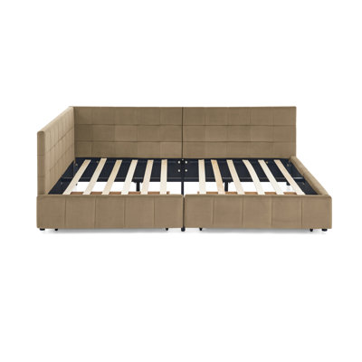 Eucalyptus Wood Full Size Bed - Velvet Upholstered With Practical Storage, Brown For Bedroom And Living Room Mid-Century Frame In Stylish Room,