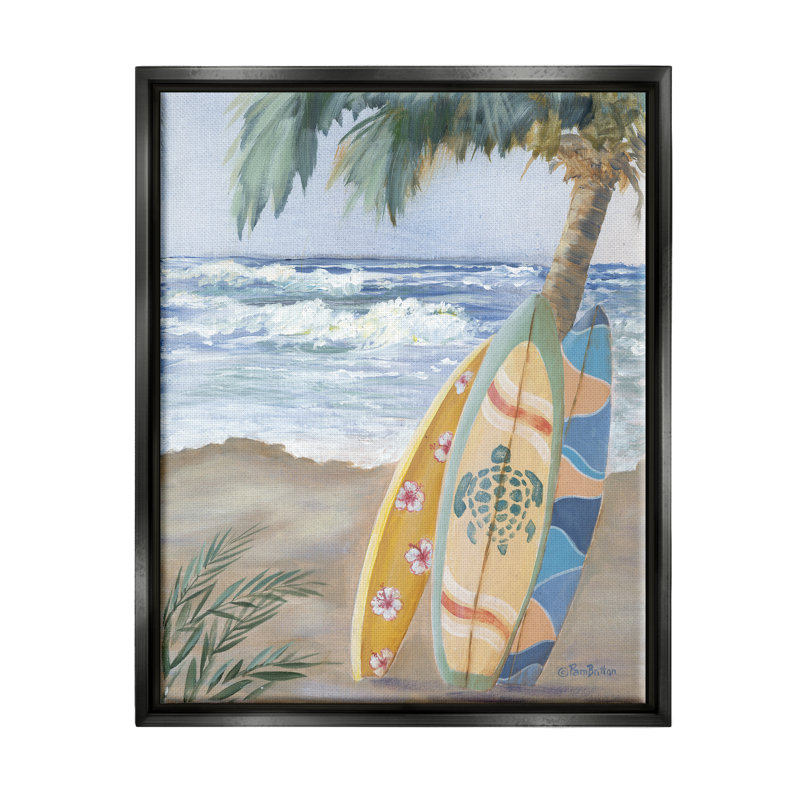 Planche de surf amusante, planches de palmier incliné sur toile par Pam Britton, Cadre flottant noir de jais