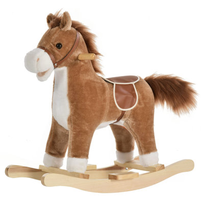 Rocking Horse Plush Animal On Wooden Rockers, Baby Rocking Chair With Sounds, Moving Mouth, Wagging Tail