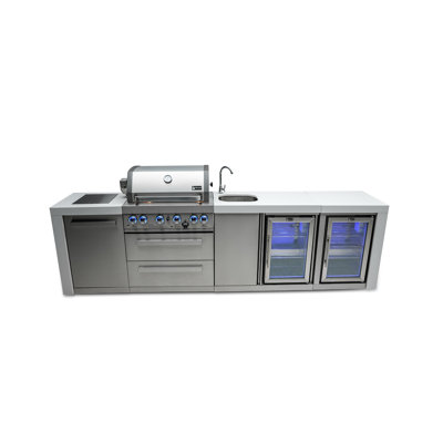 Mont Alpi Premium 120"W Deluxe Stainless Steel Modular Outdoor Kitchen Island + 2 Refrigerators + Beverage Centre Faucet & Sink + 32"W 4-Burner BBQ Gas Grill & Side Burner + Storage Cabinets & Drawers