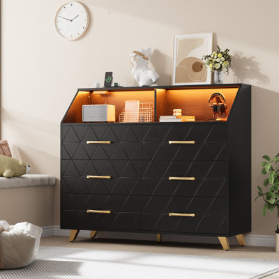 Lighted Chest of Drawer, Modern Black 6 Drawer Dresser with Charging Station, Open Shelf, Wooden Dresser with Metal Legs and Handles, Large Drawer Cab by Ebern Designs