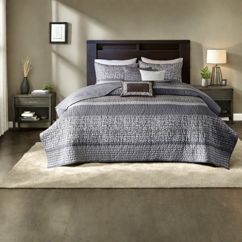 Ensemble de literie luxueux en coton, courtepointe réversible taupe grise avec touche décorative