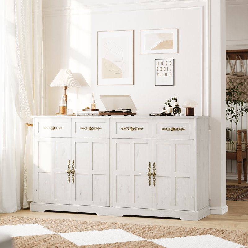 Buffet de style campagnard moderne – 4 portes et 4 tiroirs – Grand espace de rangement pour la salle à manger – Poignées dorées – Idéal pour la cuisine, le salon ou l'entrée