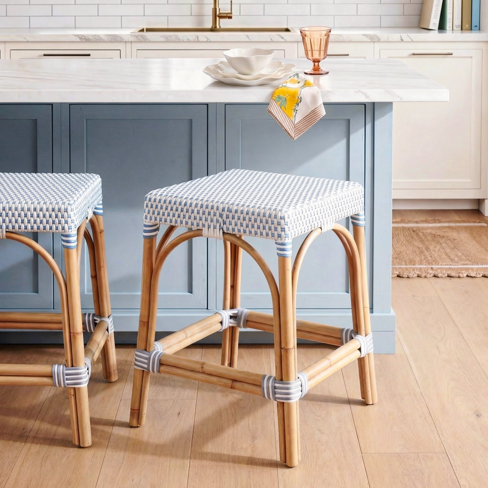 Lennart Bar and Counter Stool, White/Sky Blue Dot / Natural Rattan Frame, Counter Stool (24.5" Seat Height)