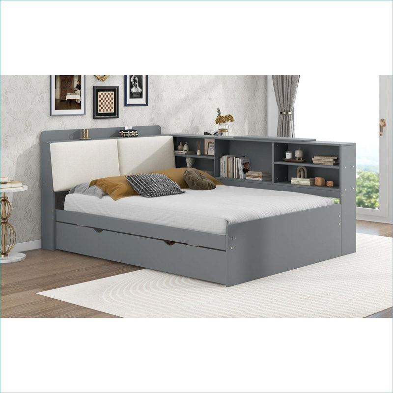 Lit plateforme tapissier en bois massif avec lit gigogne, tête de lit et tablettes de rangement intégrées, gris neutre, Gris