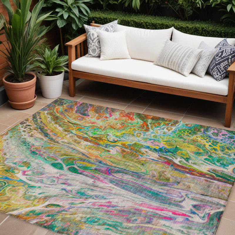 Tapis intérieur lavable abstrait vert doré et blanc 9 pi x 12 pi