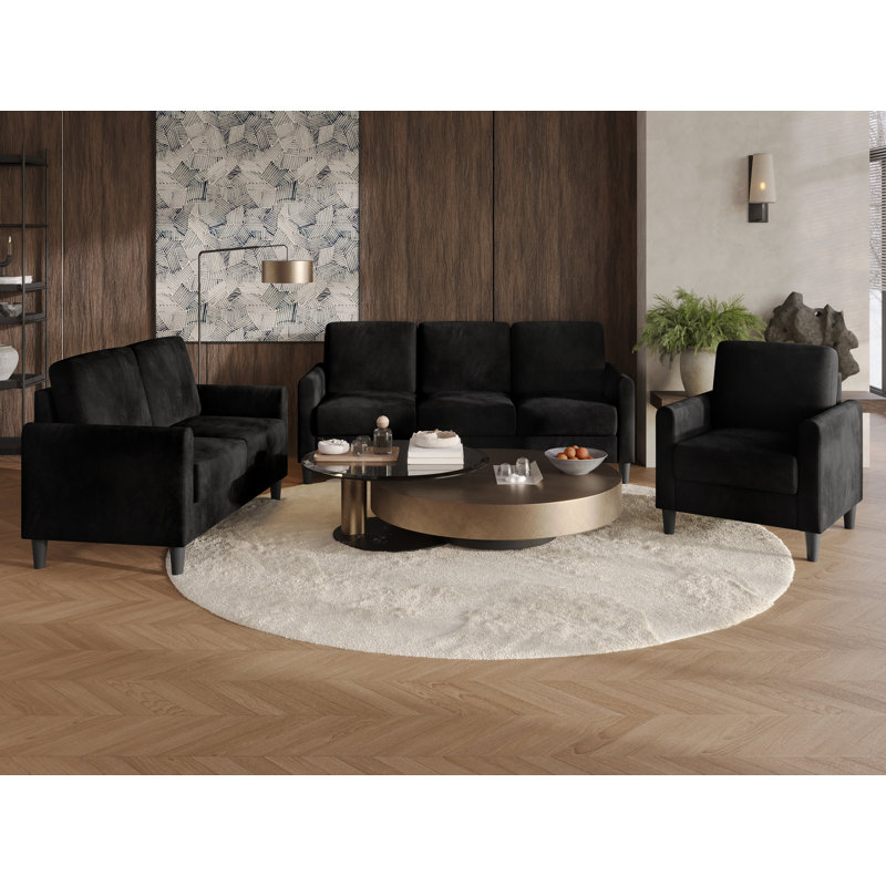 Ensemble de salon en velours 3 pièces Goliad, 3 pièces: chaise, causeuse, canapé, Noir