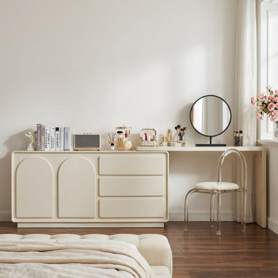 Ensemble de coiffeuse à maquillage extensible avec miroir et tabouret, finition crème, 3 tiroirs et armoires de rangement, 55 à 110 po