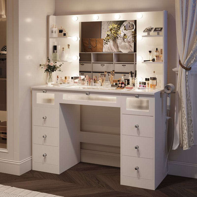 White Vanity Desk with Lighted Mirror, 3 Color Modes, Glass Top, 9 Drawers, 4 Shelves & Power Outlet – Makeup Vanity Table for Bedroom