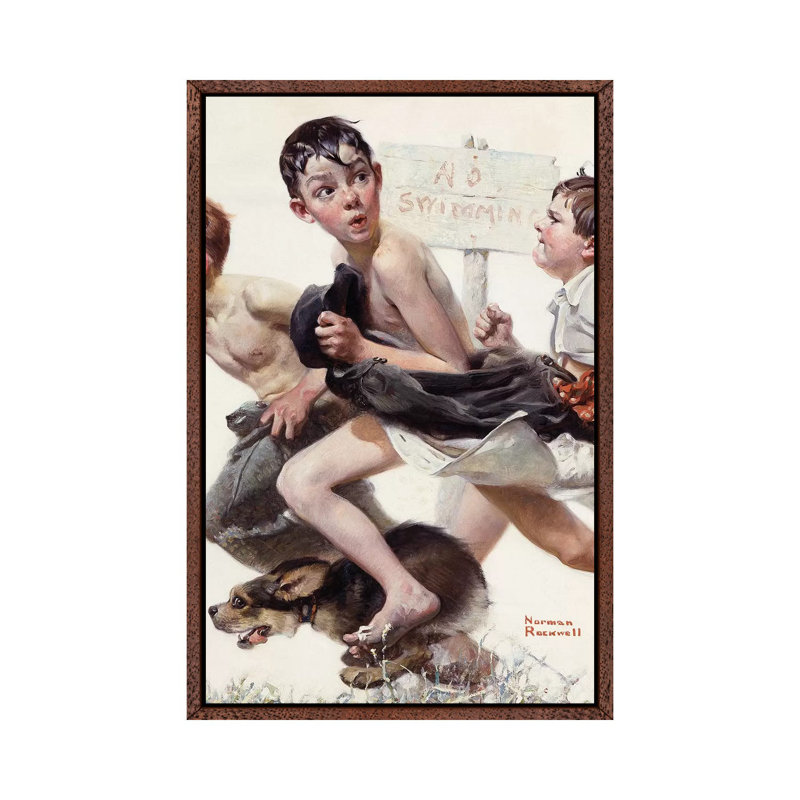No Swimming by Norman Rockwell - Print on Canvas, 66.04cm H x 45.72cm W x 3.81cm D, Classic Brown Wood Framed