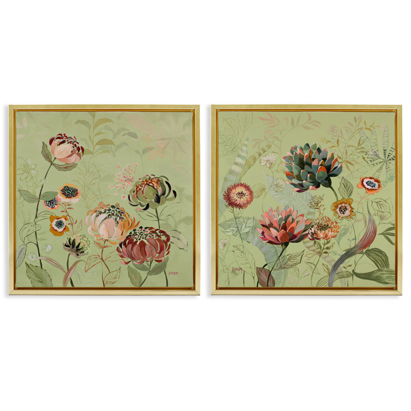 Ensemble de cadres flottants 2 pièces Chrysanthemums on Olive Green, design par Dusza, H 18 po x l 18 po