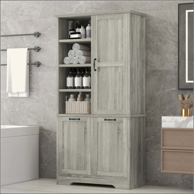 Armoire de rangement pour salle de bain avec portes et tiroirs, panier à linge inclinable, plusieurs espaces de rangement, style autoportant, tablette ouverte, tablette réglable