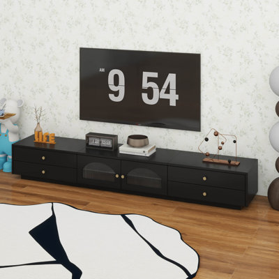 Meuble télé luxueux avec portes en verre cannelé, console multimédia pour téléviseur de 95 po ou moins, tablette en verre trempé, plusieurs options de rangement