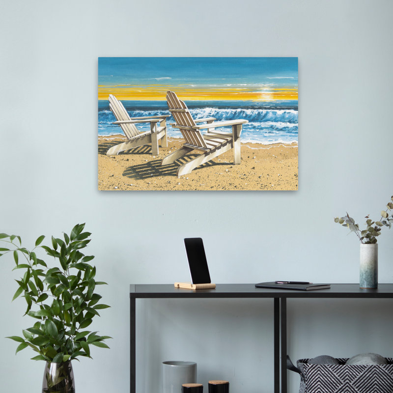 Just Just Sunset - Coastal Tropical, deux chaises Adirondack, coucher de soleil sur la plage, océan, H 16 po x l 24 po