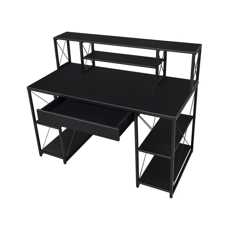 Bureau noir fonctionnel avec beaucoup d'espace de rangement et une conception bien pensée