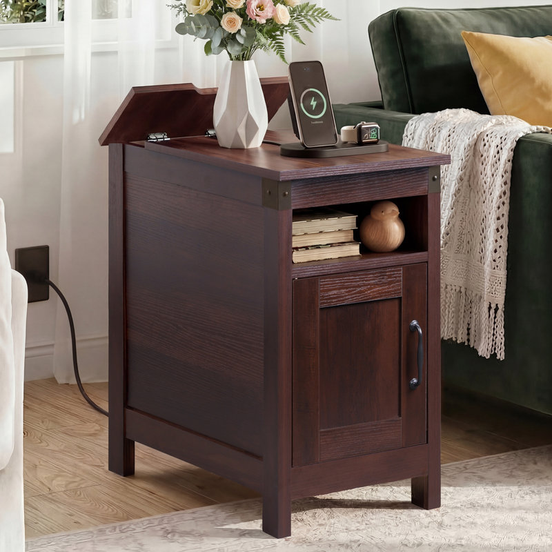Carbin 24" Tall Farmhouse End Table with Charge Station and Storage, Side Table with Power Outlets & USB for Small Spaces, Rustic Nightstand Accent Table