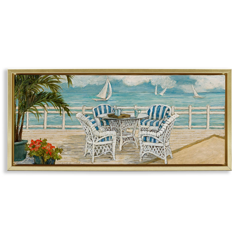 Cadre flottant Summer Beach View, design par Charlene Olson, H 14 po x l 31 po, Cadre flottant métallique doré