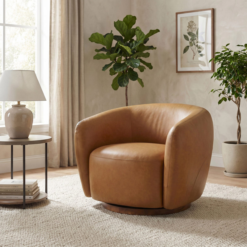Fauteuil d'appoint pivotant en cuir véritable italien avec base en bois, entièrement assemblé, Tan