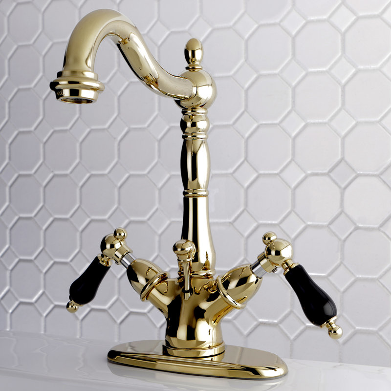 Kingston Brass Duchess Two-Handle 1-or-3 Hole Deck Mount Bathroom Faucet with Brass Pop-Up, Polished Brass