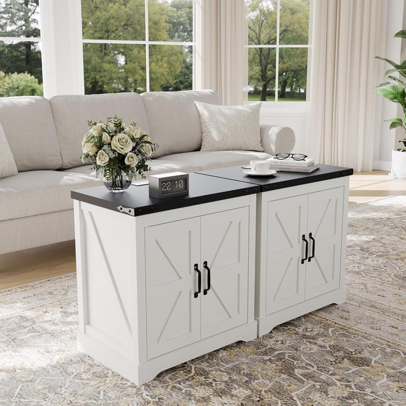 Table de chevet Farmhouse avec station de charge USB, 2 prises et port USB - Table de chevet à porte de grange coulissante avec armoire de rangement, table de chevet blanche pour chambre