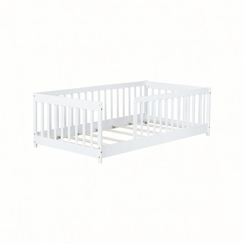 Twin Size Rubber Wood Floor Bed with Safety Guardrails for Compact Rooms and Kids' Safety, White