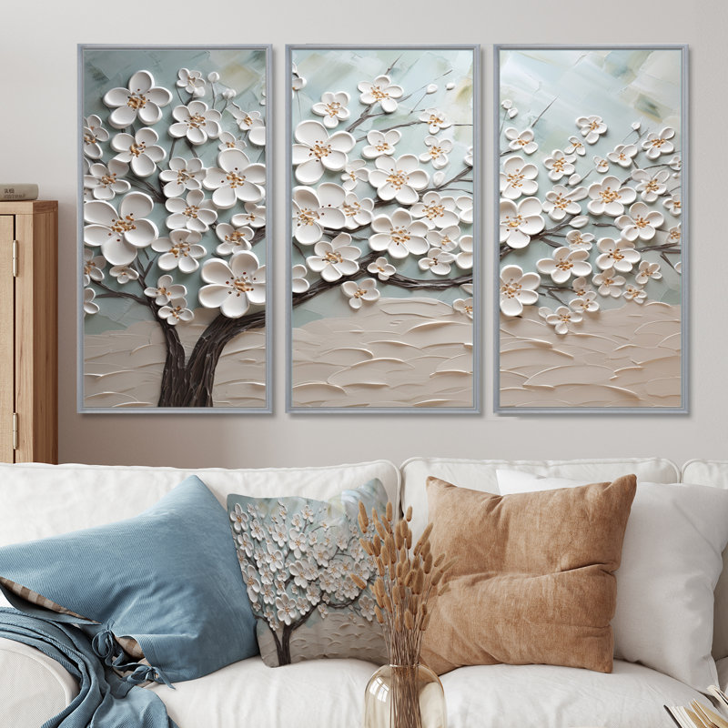 Cornouiller Serenity Magical Tree IV - ensemble d'art mural champ de fleurs, H 40 po x l 60 po x P 1 po, Encadrement argenté