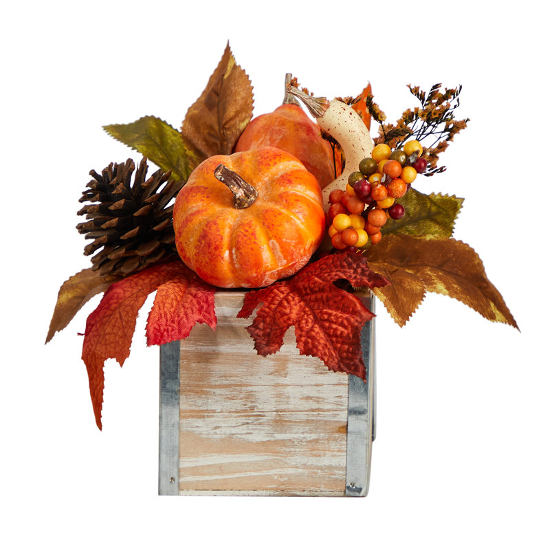 8'' Fall Pumpkin and Pinecones Artificial Arrangement in Weathered Wood Vase