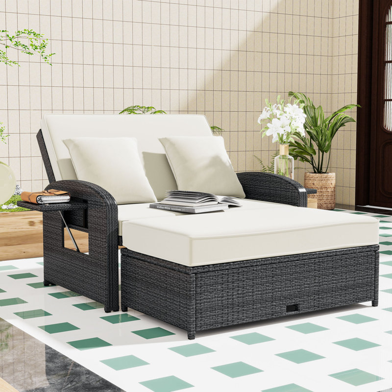PE Rattan Double Chaise Lounge with Adjustable Backrest, Footrest and Comfortable Cushion, Gray, White