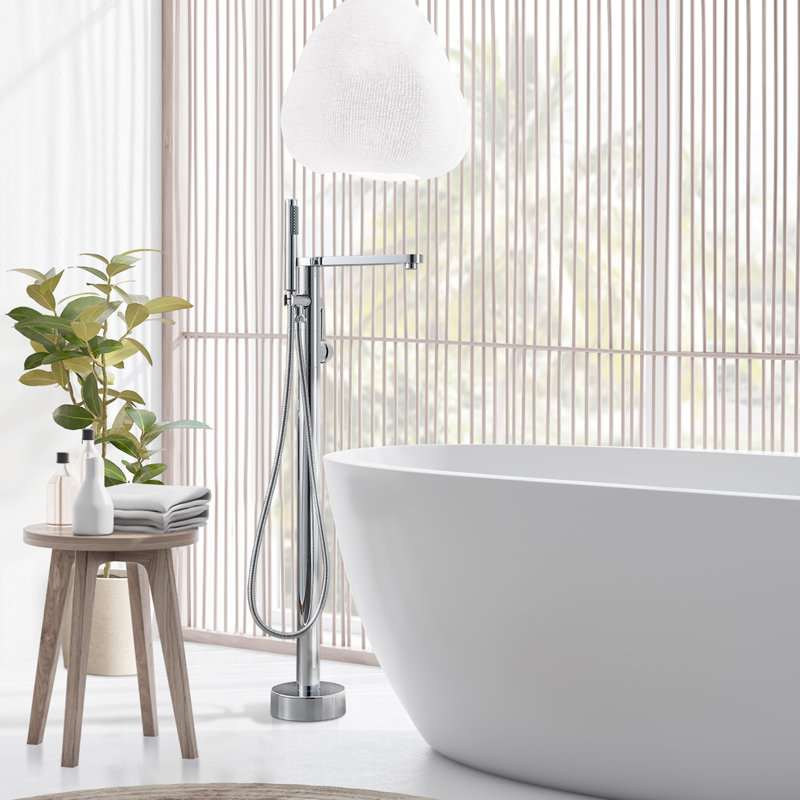 Allario Double Lever Handles Freestanding Floor Mounted Tub Filler with Handshower, Polished Chome