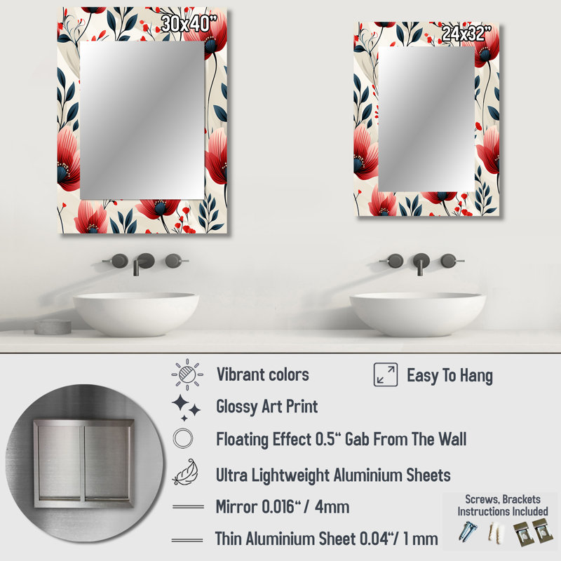 Motif floral Suha Red Coastal Elegance - miroir mural décoratif floral, miroir floral, impression d'art en métal